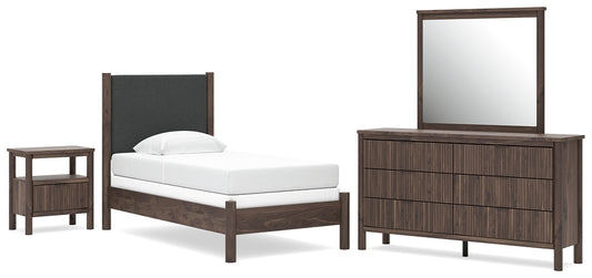Pamytta Twin Upholstered Panel Bed, Dresser, Mirror and Nightstand