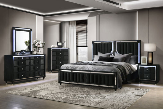 Ravenne 5-piece Velvet Upholstered Queen LED Bedroom Set Black
