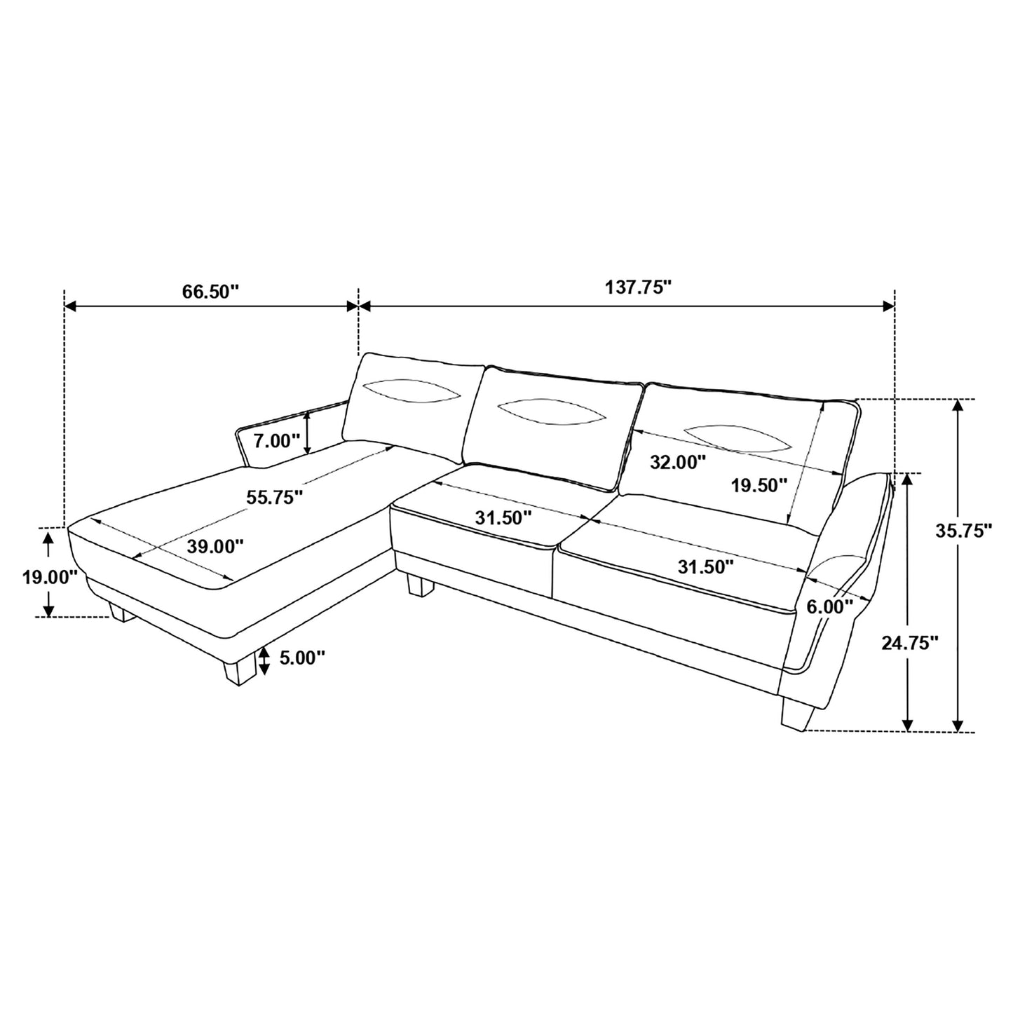 Caspian Upholstered Curved Arm Chaise Sectional Sofa White
