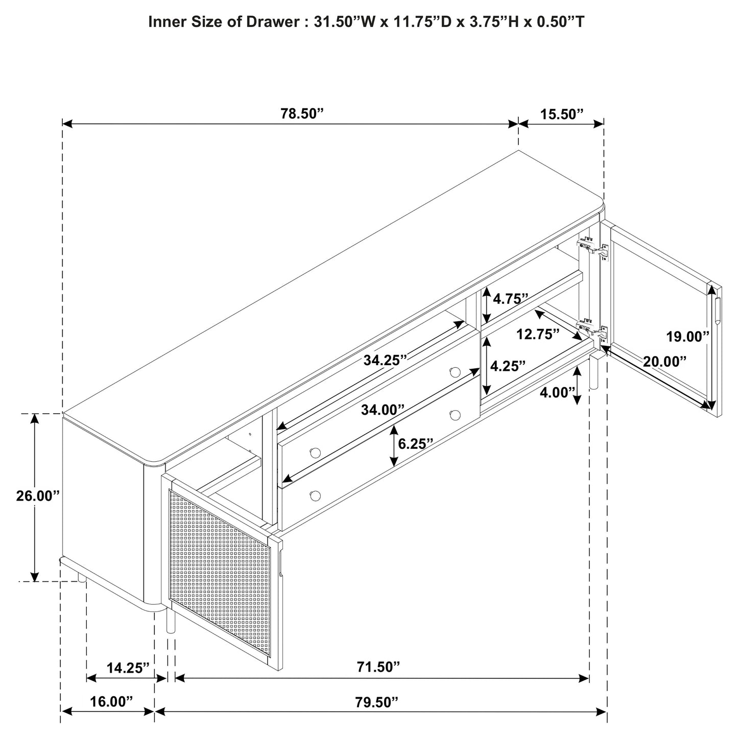 Arini Rattan Cane 2-door TV Stand Media Console Sand Wash