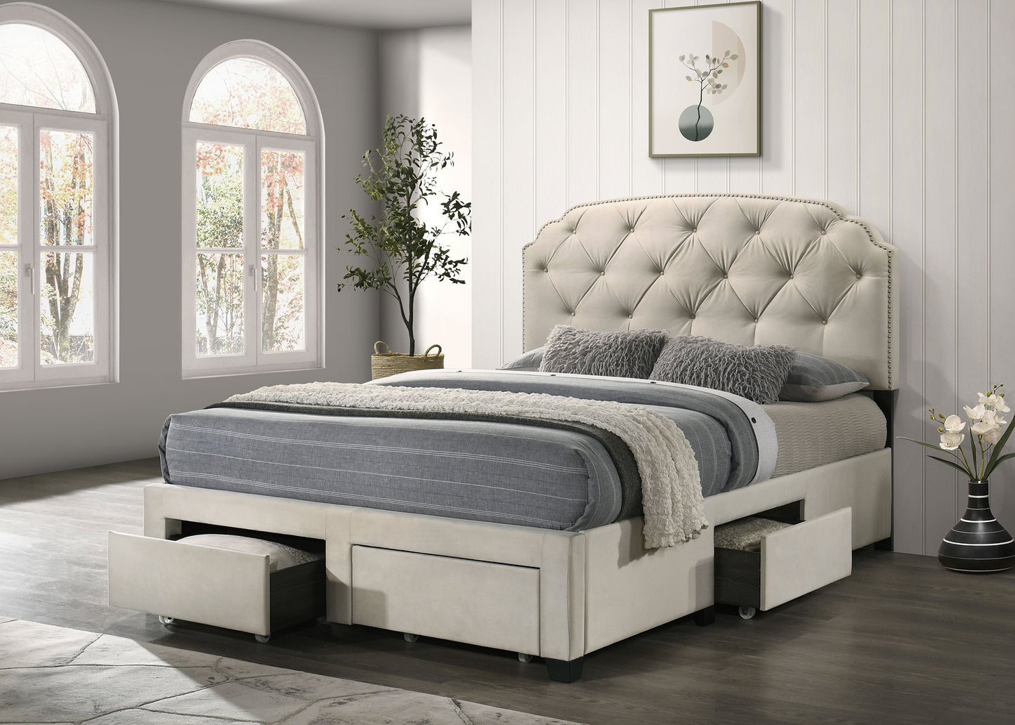 Marianna 4-drawer Upholstered Eastern King Storage Bed Cream