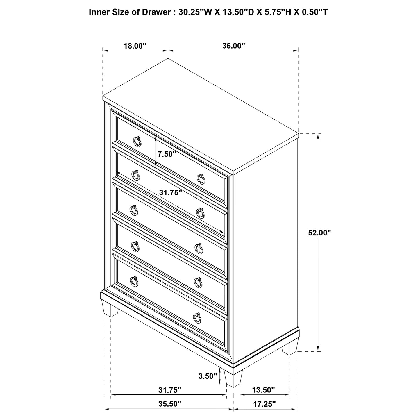 Pembroke 5-drawer Chest of Drawers Washed Oak