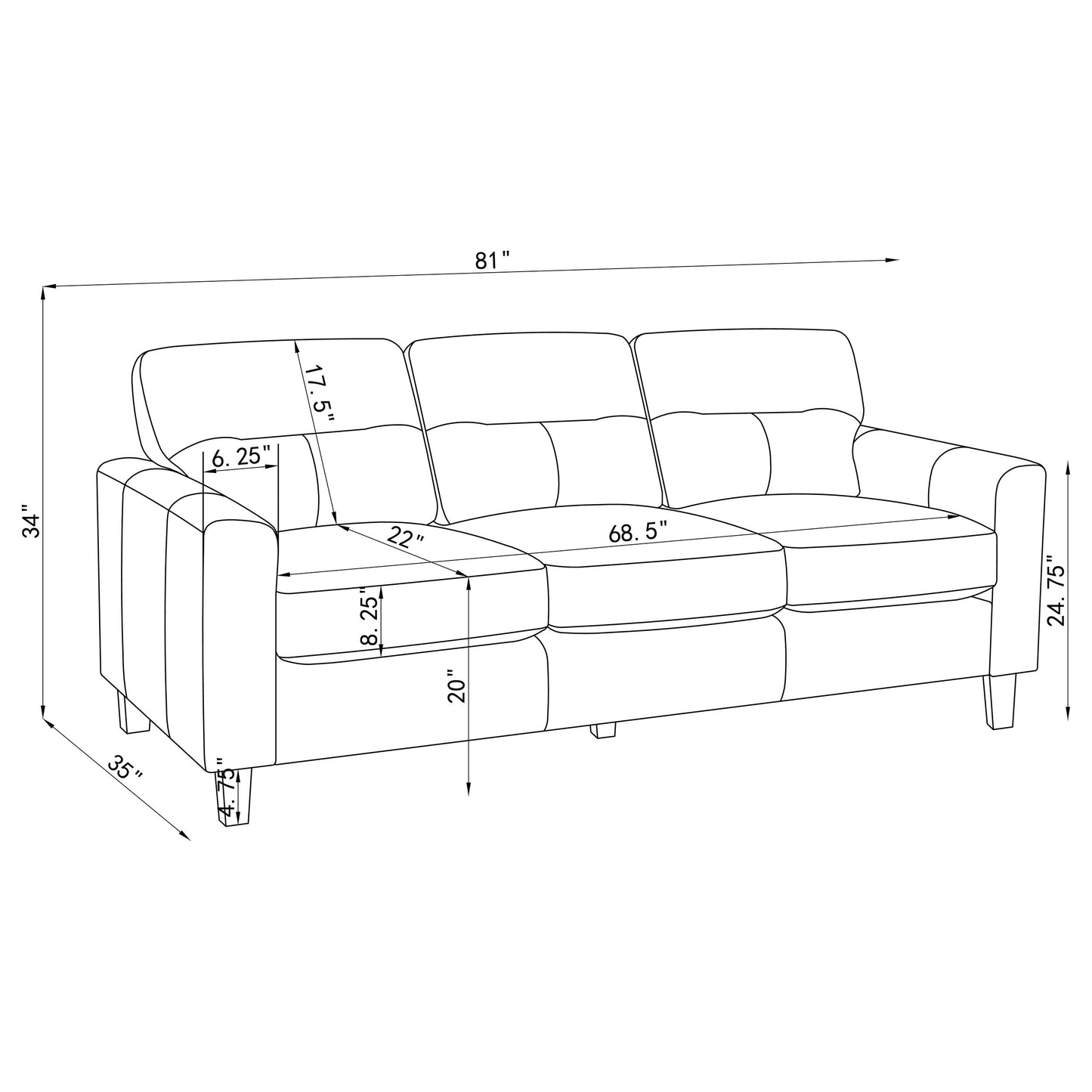 Scotland 3-piece Faux Leather Upholstered Sofa Set Black