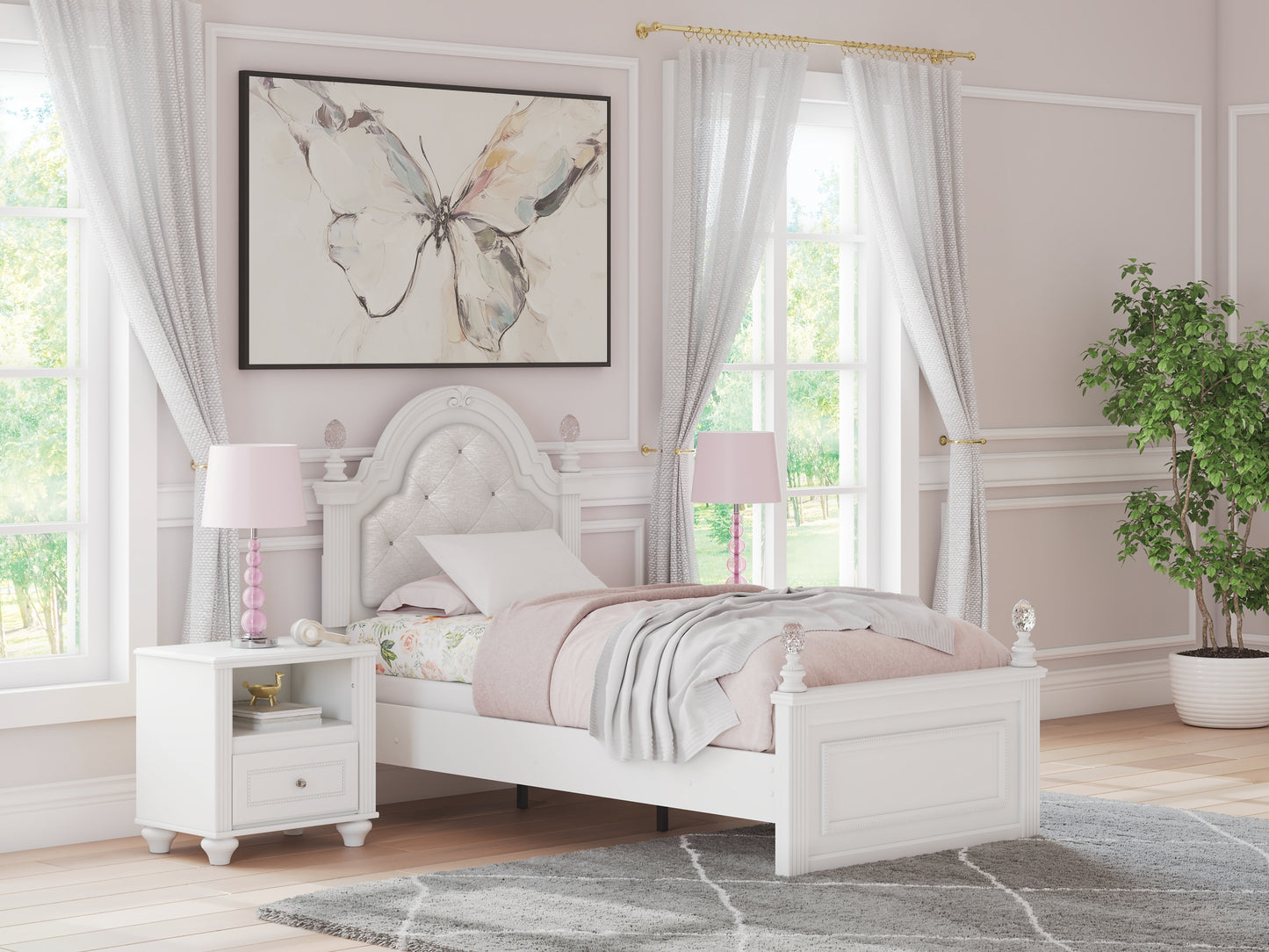 Kozlani Twin Upholstered Panel Bed, Dresser and Mirror