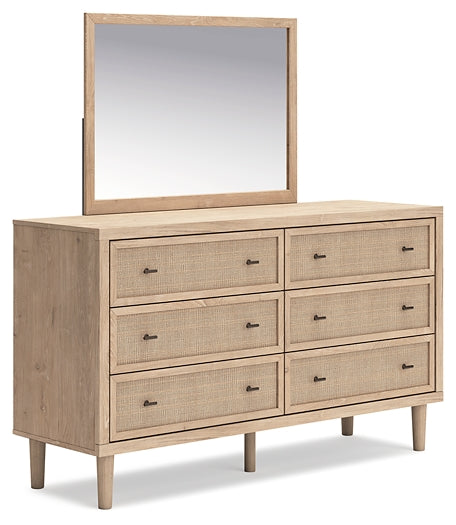 Cielden Queen Upholstered Bed with Roll Slats, Dresser, Mirror and Nightstand