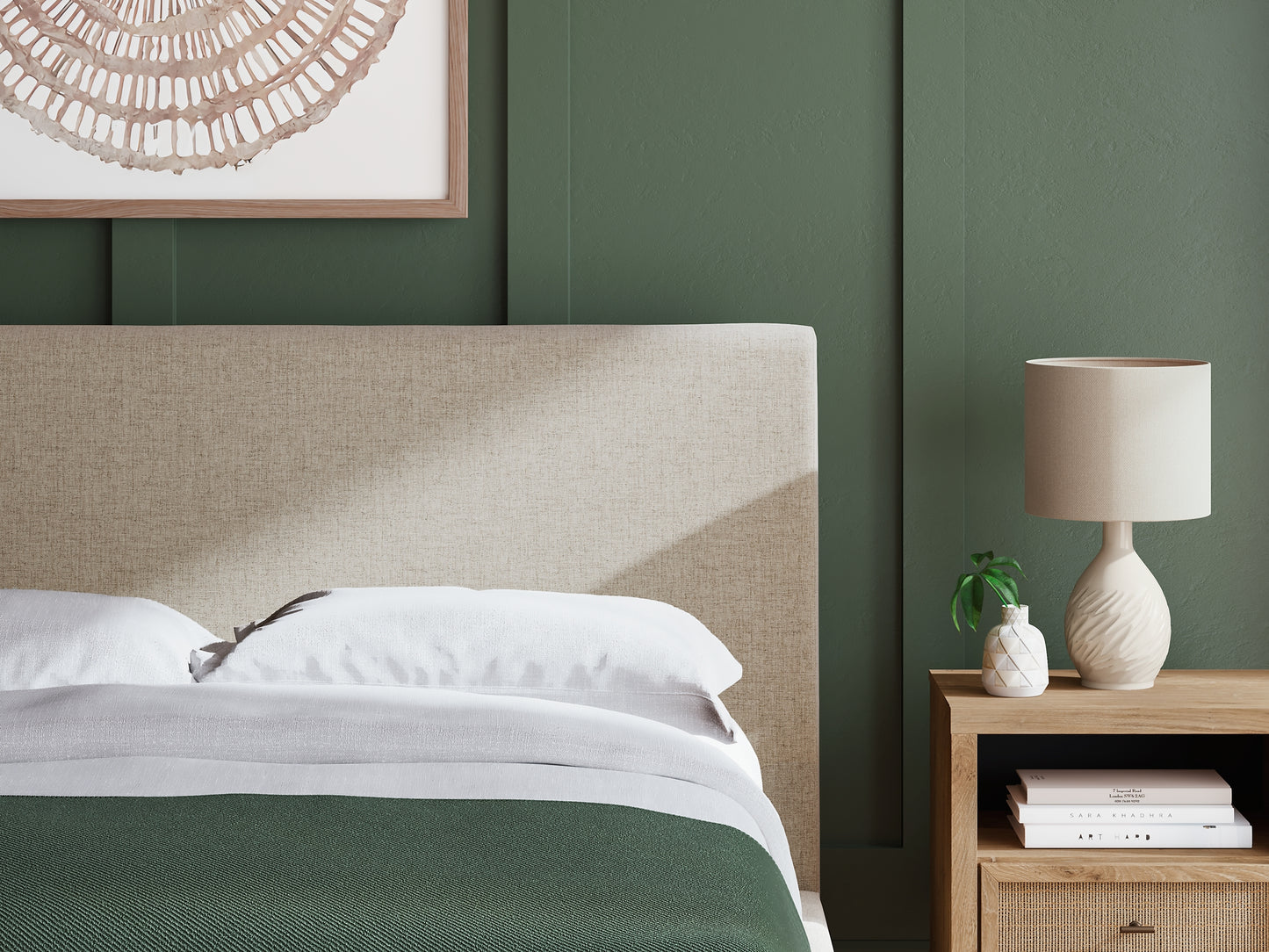 Cielden Queen Upholstered Bed with Roll Slats, Dresser, Mirror and Nightstand