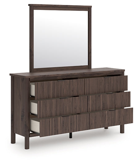Pamytta Queen Upholstered Panel Bed, Dresser and Mirror