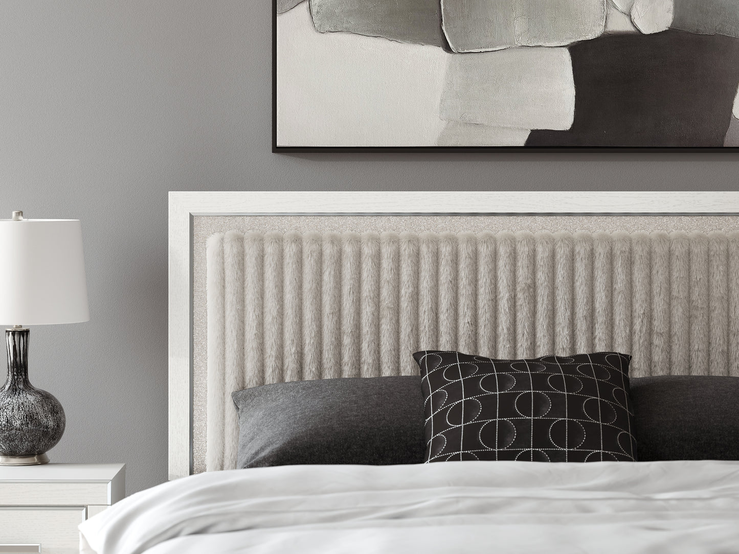 Zuraleus King Upholstered Panel Platform Bed, Dresser, Mirror, Chest and Nightstand