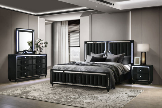 Ravenne 4-piece Velvet Upholstered California King LED Bedroom Set Black