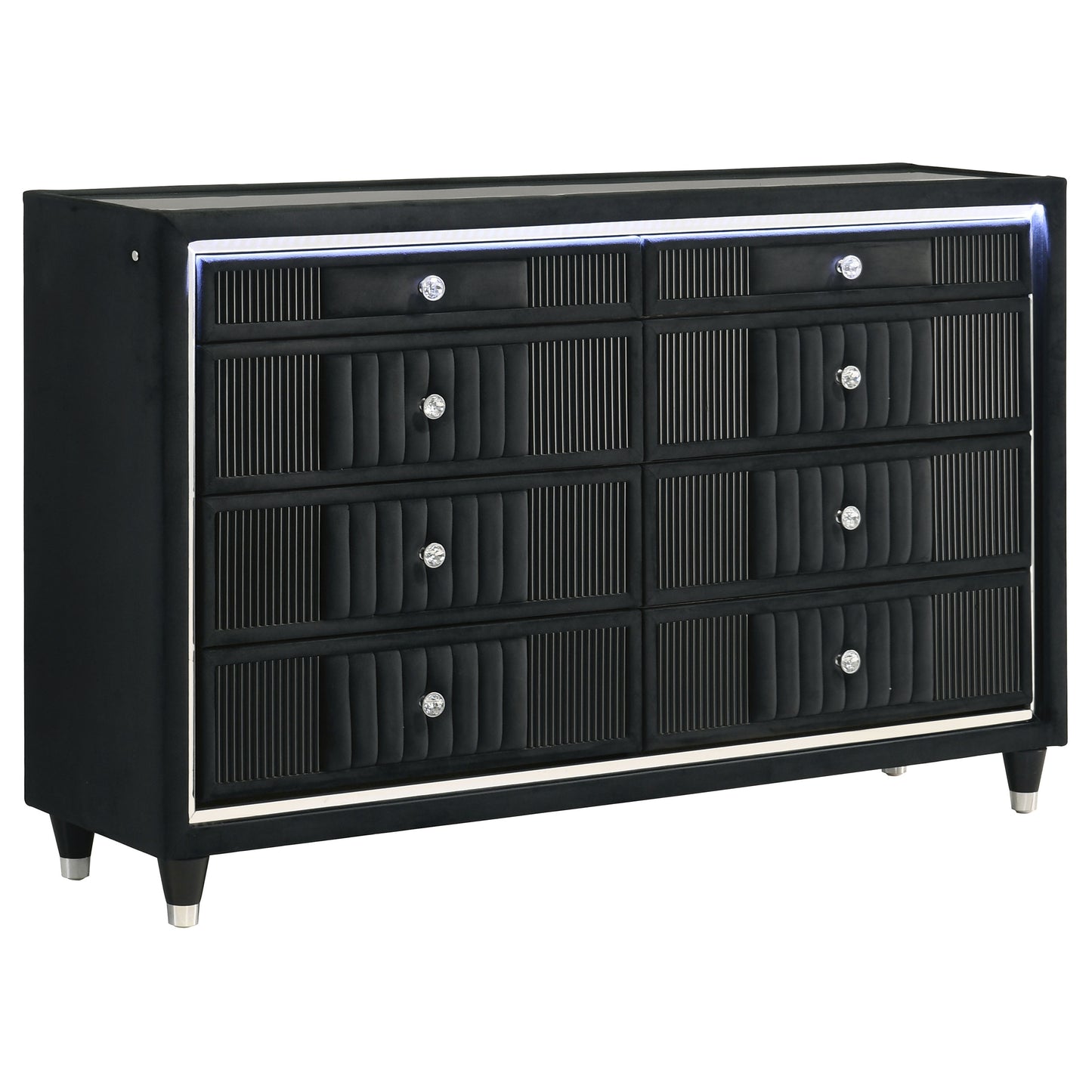 Ravenne 8-drawer Velvet Upholstered LED Dresser Cabinet Black