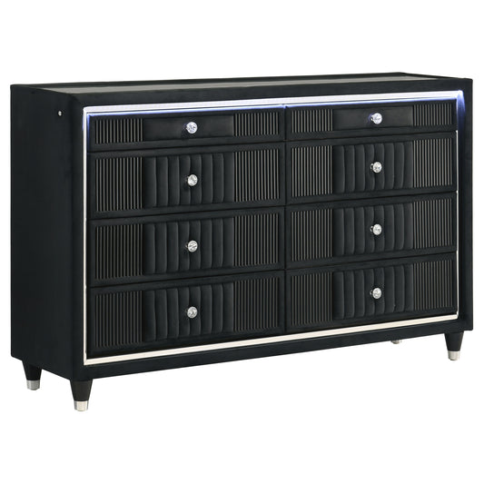 Ravenne 8-drawer Velvet Upholstered LED Dresser Cabinet Black
