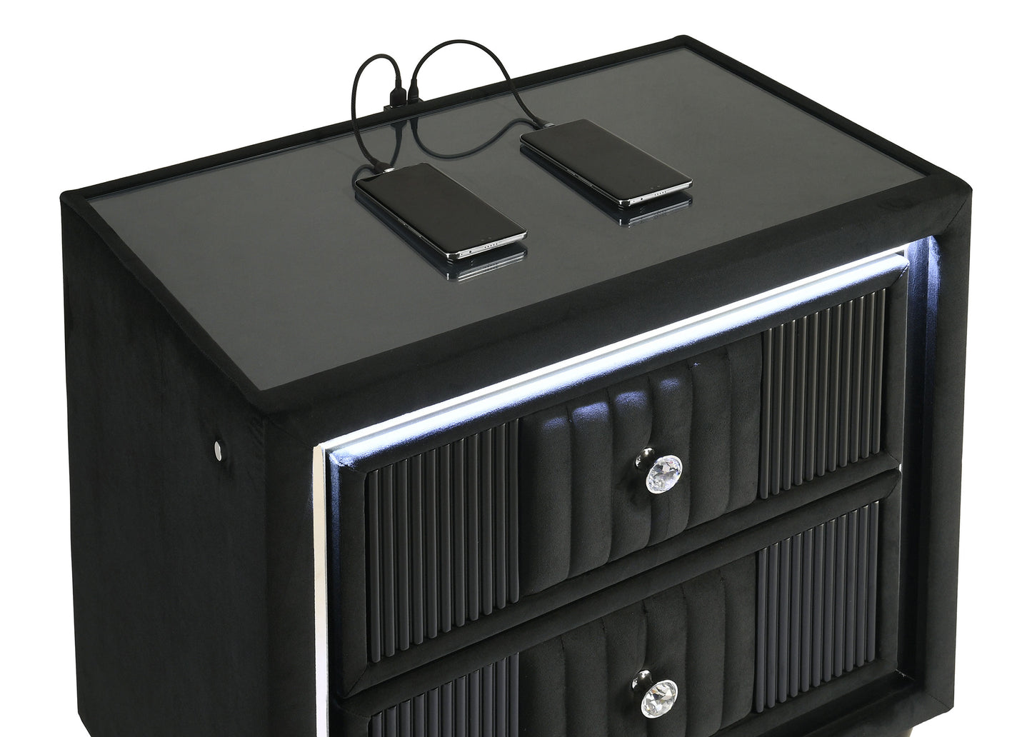 Ravenne 2-drawer Velvet Upholstered LED Nightstand with USB Black