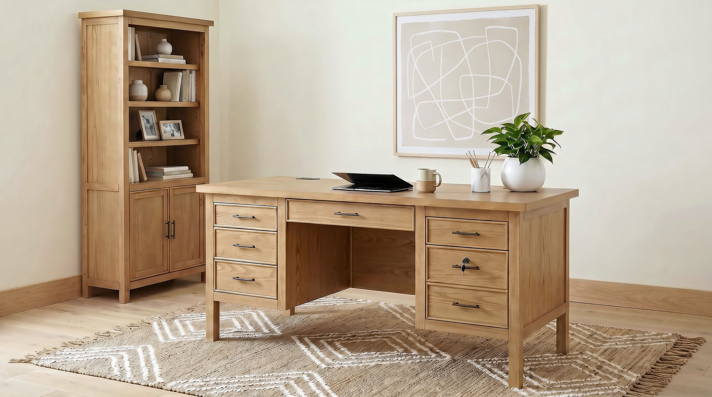 Vermes 66-inch 7-drawer Computer Desk with Power Outlet Light Ash