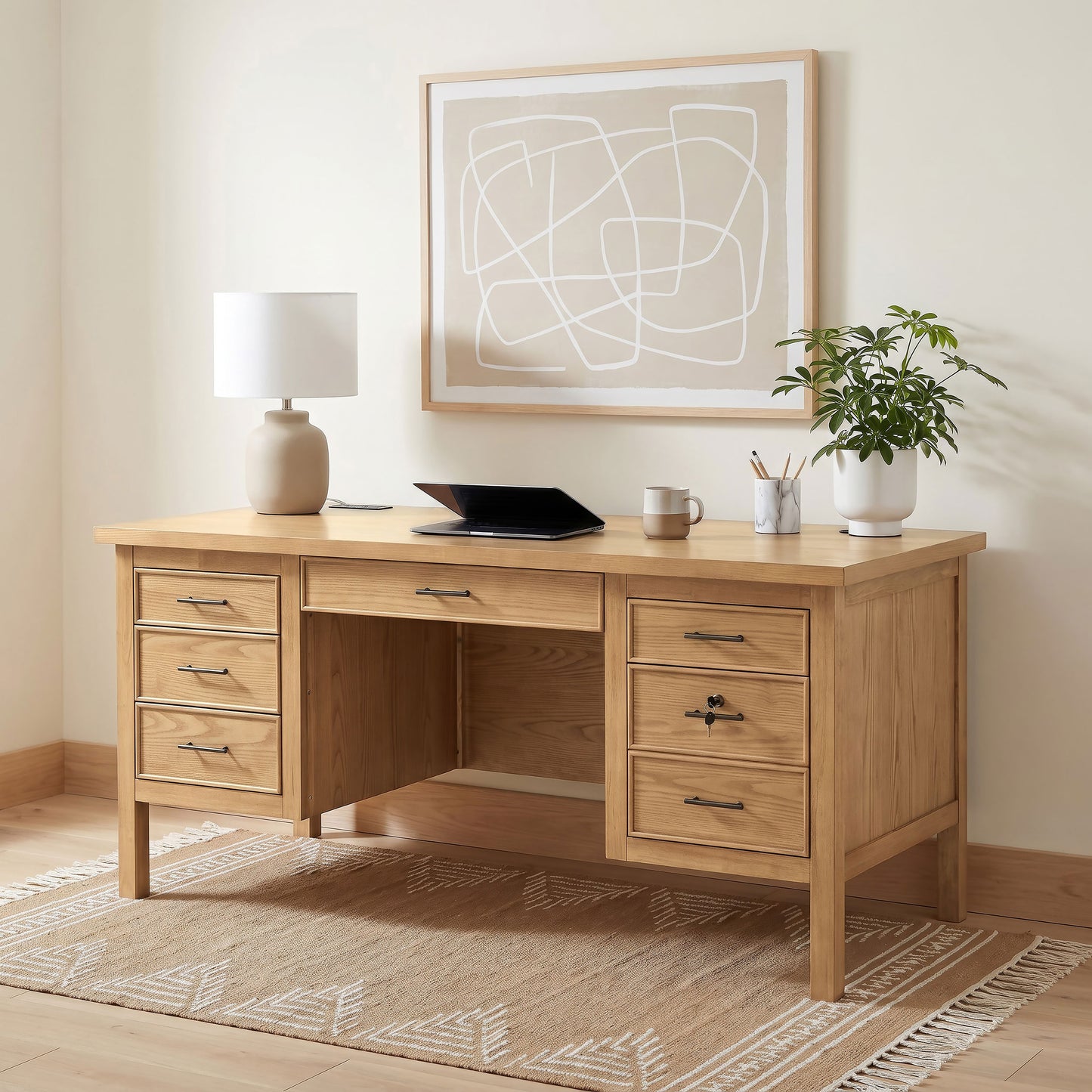 Vermes 66-inch 7-drawer Computer Desk with Power Outlet Light Ash