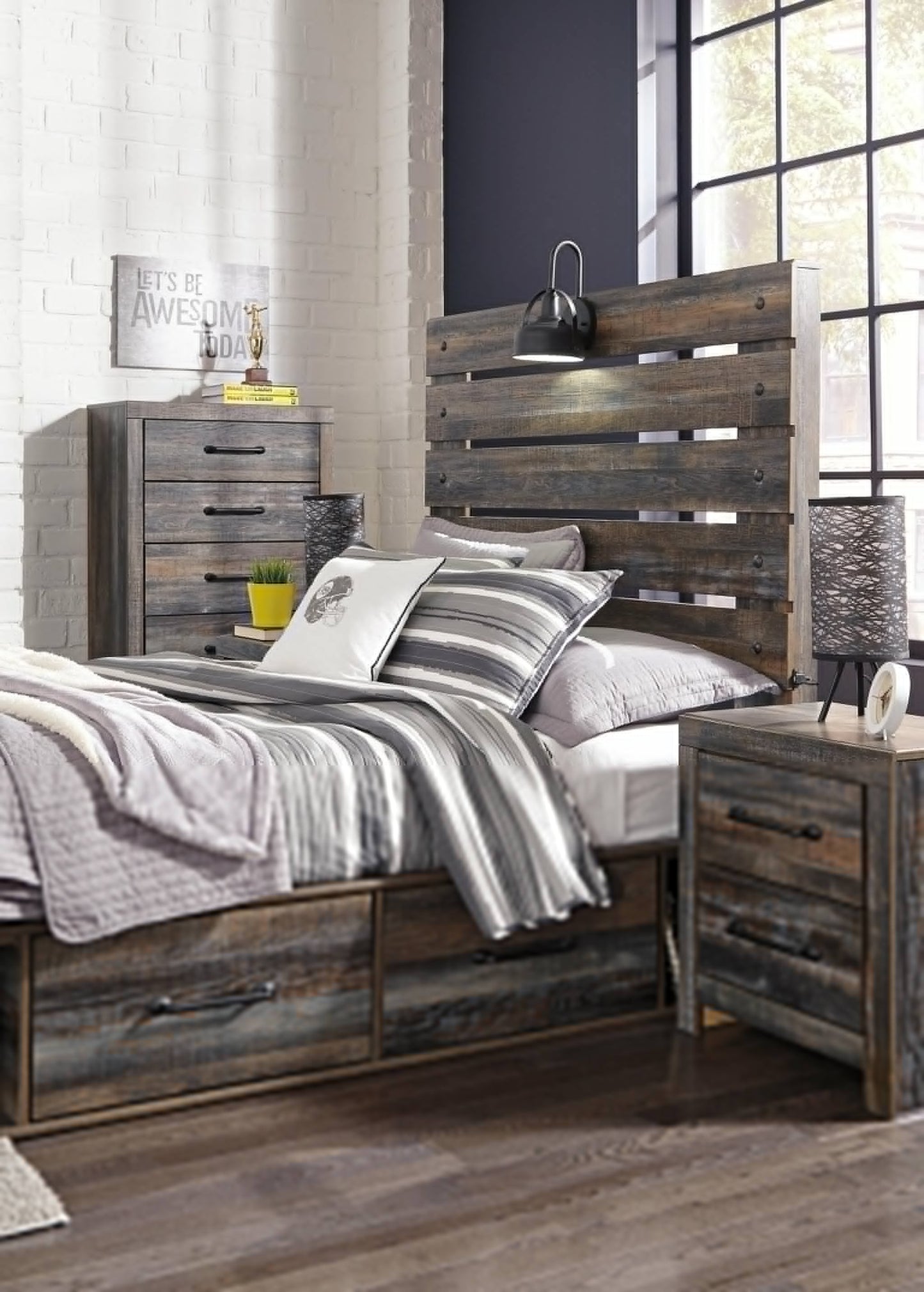 Drystan Full Panel Bed with 4 Storage Drawers with Mirrored Dresser
